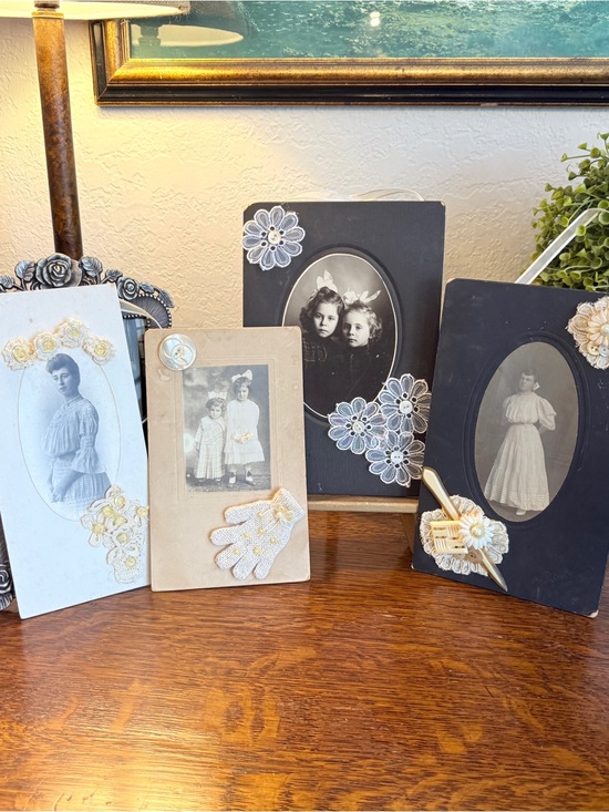 Antique Other - 4 Antique Embellished Victorian Cabinet Cards with Gold Wood Easel